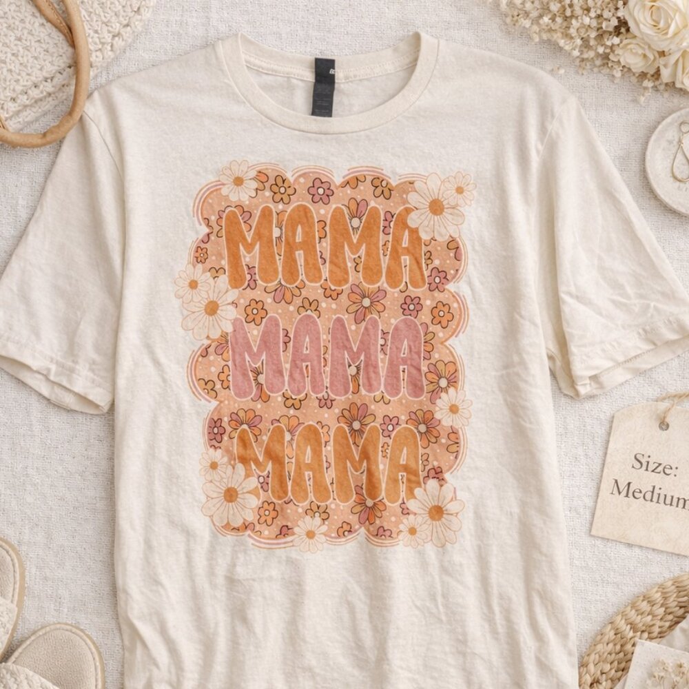 Mama Graphic Tee Medium NWOT Retro Floral Boho Shirt by designer J. Coons